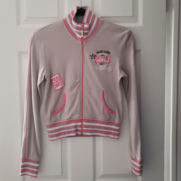 Zip up sweater - off-grey w/grey, pink, white - Picture 2 of 4